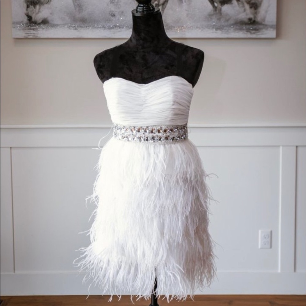 Bee Darlin White Strapless Cocktail Dress Feathers